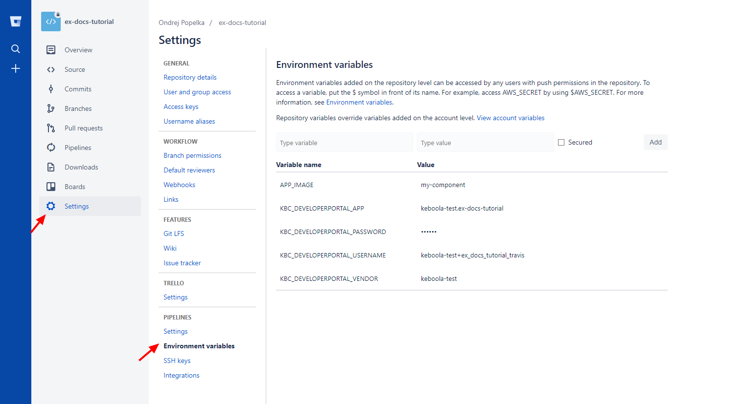 Screenshot -- Bitbucket Environment Variables